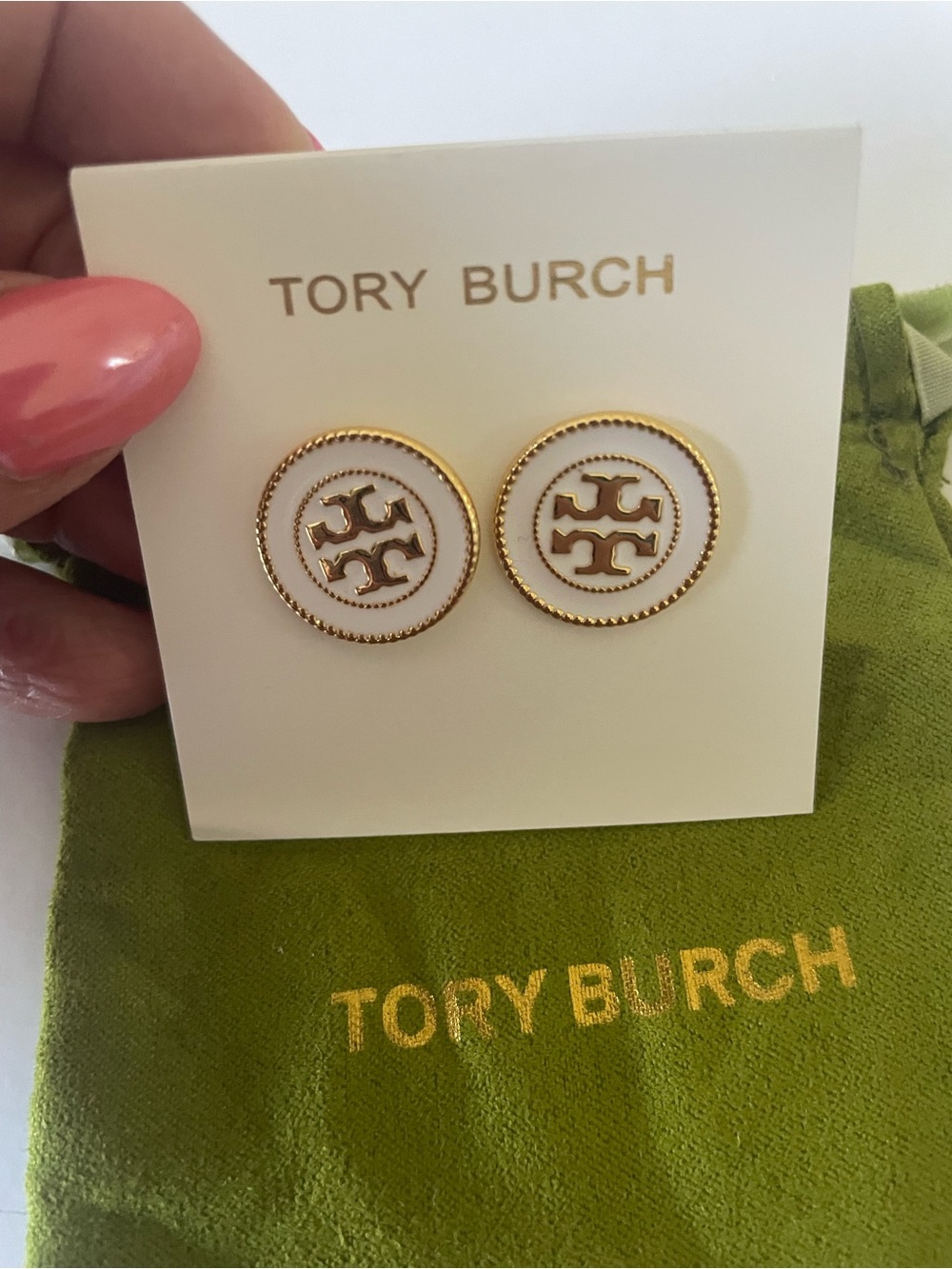 Tory Burch stud earrings white enamel and gold tone